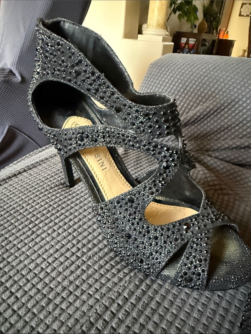 Gianni Bini Black Crystal-Embellished Strappy Heel